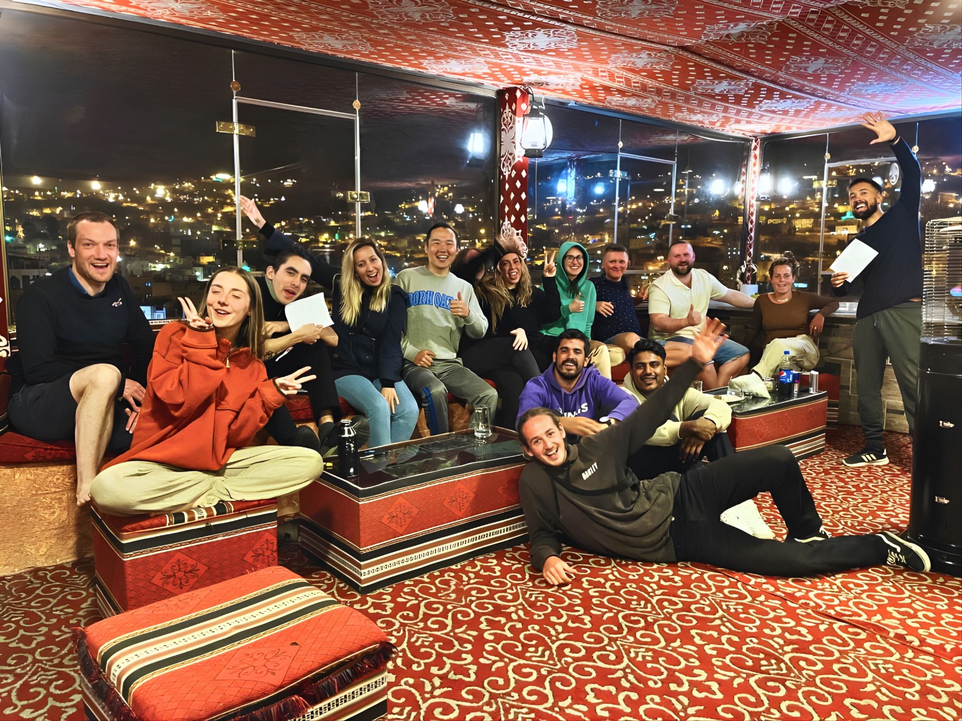 Rafiki Hostel rooftop at night in Wadi Musa, Petra